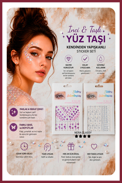 Nera Classy 2'li Set Kristal Detaylı Yüz Taşı, Kendinden Yapışkanlı Yüz ve Vü...