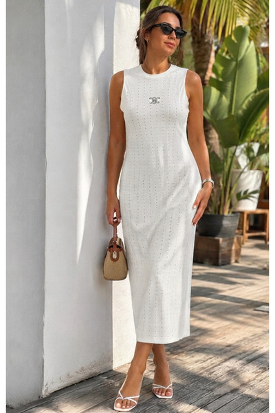 Chordi Summer Openwork Long Crew Neck Sleeveless Knitwear Dress