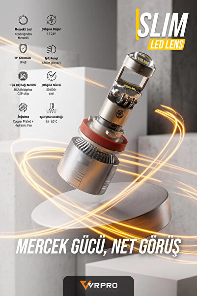 vr pro VRPRO H7 Slim Mercekli LED Far Ampulü 40W 16000 Lümen 6000K Beyaz Işık