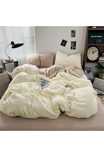 UCHUANG King Size 4 Pcs Duvet Cover Set, Washed Cotton Bedding Set - Khaki Cream