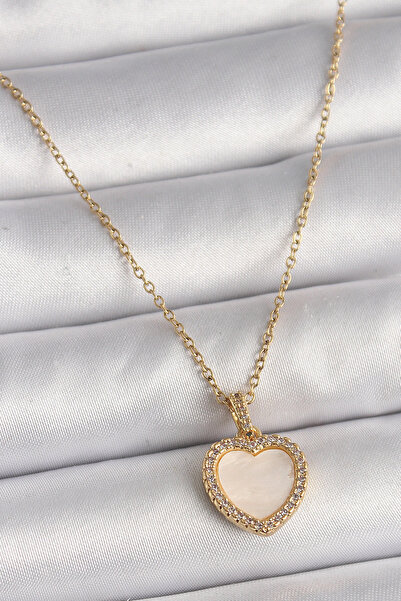 ARMÜZ 316L Steel Gold Color Chain Zircon Stone White Enamel Heart Model Women...