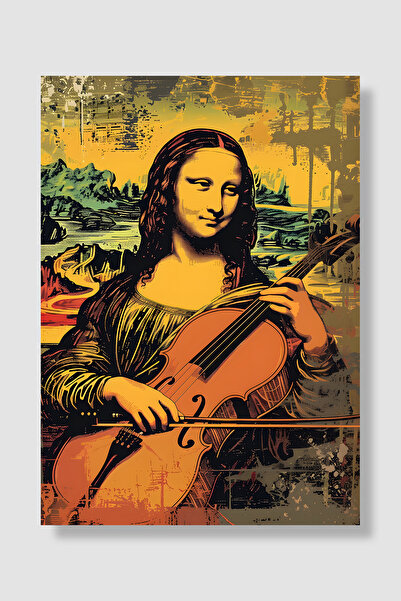 Luna Marissa Poster Mona Liza svira violončelo, žuto-narandžasti pop art diza...