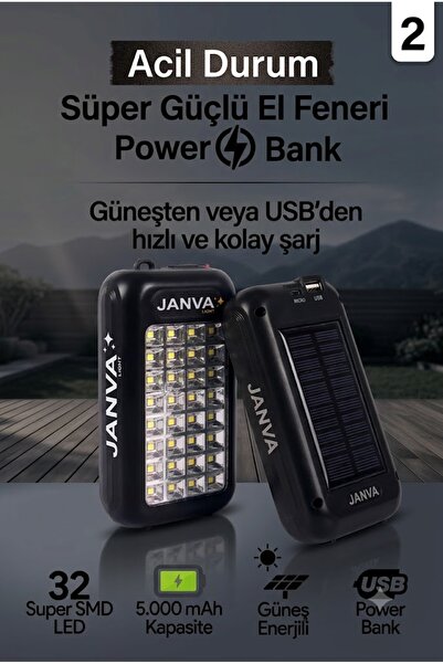 Janva İki Kademeli Powerbank Özellikli Solar Güneş Enerjili Şarjlı Ledli Kamp...