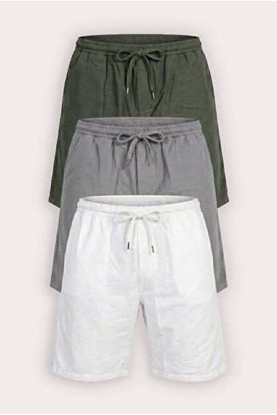 MYRAB DENİM Men's 3-Piece Linen Shorts Set with Elastic Waistband