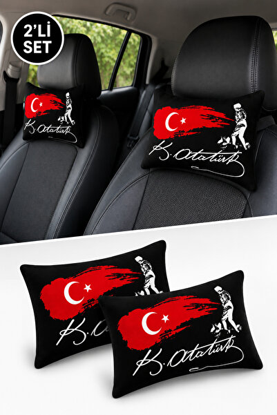 TUSBA MARKET Ataturk Signed Satin Car Neck Pillow Set of 2 – Digital Printed ...