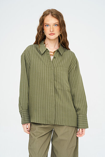 Orfeo Negro Women's Asymmetrical Cut Single Pocket Striped Shirt