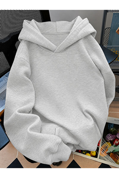MOONBULL Kadın Sırtı Kanat Taş Baskılı 3 İplik Şardonlu Kumaş Kapüşonlu Oversize Sweatshirt