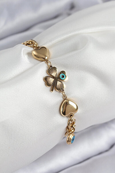 ARMÜZ 316L Steel Evil Eye Bead Detailed Clover Model Gold Color Women's Bracelet
