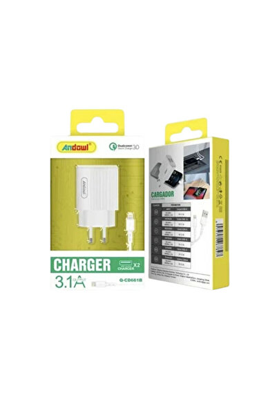Andowl Φορτιστής με 2 θύρες USB-A και καλώδιο Lightning Λευκό (Q-CD661B)
