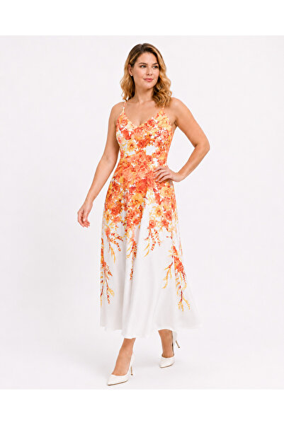 Şans Women's Plus Size Orange, Adjustable Rope Strap, Floral Pattern, Lined L...