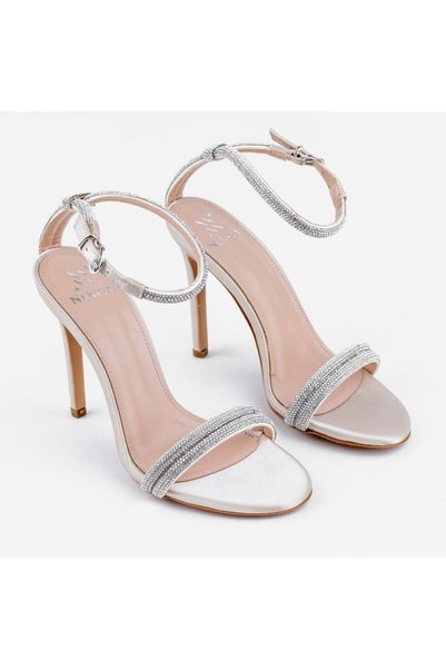 BONO Women's Beige Stone Striped Single Strap Ankle Strap Thin High Heeled Evening Dress Sandals