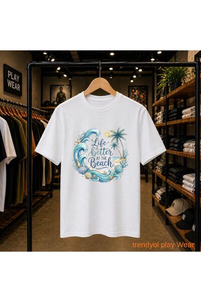 playwear Life Is Printed 100% Cotton Oversize Loose Regular Fit Crew Neck T-S...