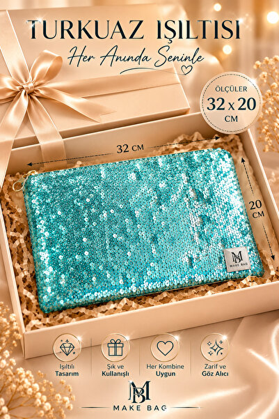 MAKE BAG GÖK MAVİ GOLD PULLU PORTFÖY MAKYAJ ÇANTASI