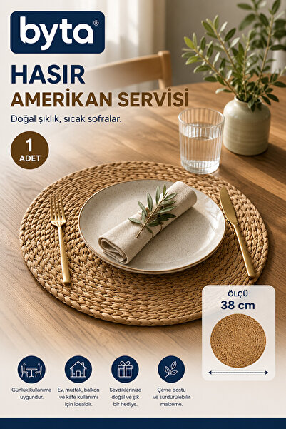 BYTA Hasır Amerikan Servisi 38 cm Yuvarlak Supla 1 Adet Dekoratif Sofra Altlığı