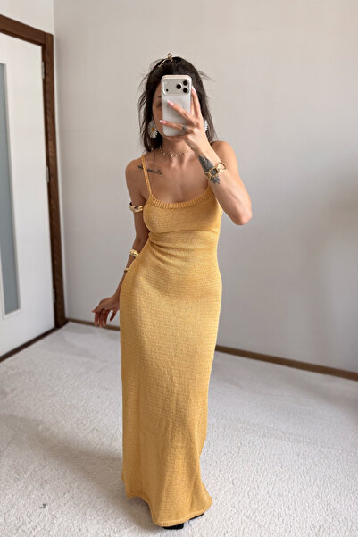 MoyStore Gold Knitted Maxi Length Backless Beach & Casual Stylish Dress