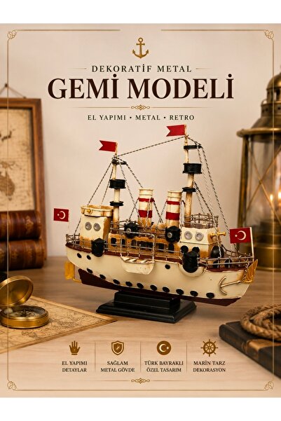 KOLAYEV Dekoratif Metal Gemi Modeli El Yapımı Vintage Marin Tasarım Türk Bayr...