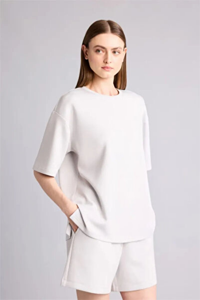 DeFacto Tricou ultra moale, supradimensionat, cu gât crew, modal de bază, cu mânecă scurtă, gri deschis G8536AX26SP