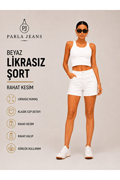 Parla Jeans Kadın Beyaz Likrasız Yüksek Bel Rahat Kesim Kot Şort