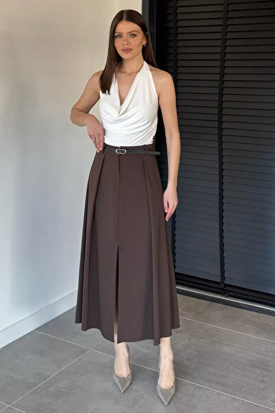 Aryena Brown Women's Skirt with Belt Accessory and Slit Detail