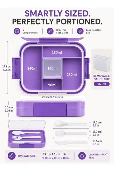 Generic Brand صندوق غداء للأطفال بسعة 1000 مل، 5 أقسام، مصنوع من مواد آمنة للطعام، مقاوم للتسرب، مناسب للميكروويف، مثالي للمدرسة والنزهات.