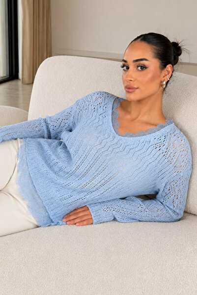 Aryena Mavi Gülseli Women's V-Neck Openwork Guipure Detailed Knitwear Blouse