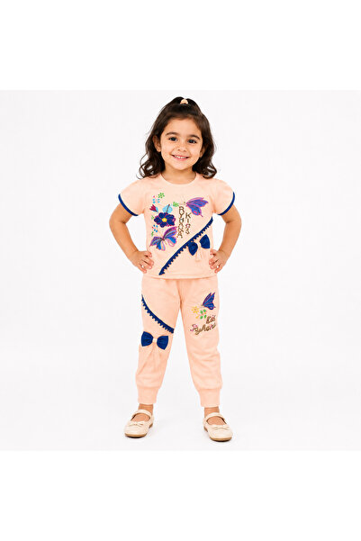 Generic Girls' Set Pink Butterfly Graphic T-Shirt and Pants Two-Piece Set
