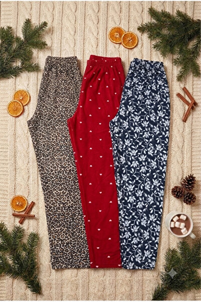 Pi Giyim 3-Piece Women's Suede Pajama Bottom Set with Heart, Leopard and Flor...