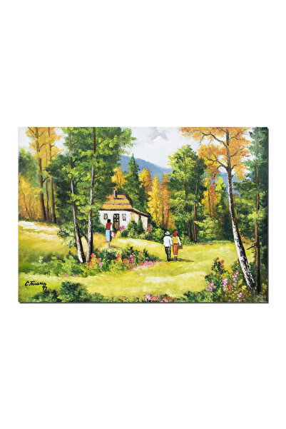 artnova Tablou peisaj pictat manual, La casuta din padure, 70x50cm ulei pe pa...