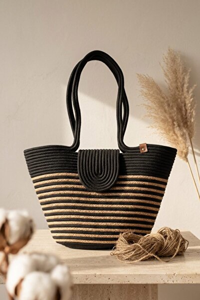 I Love Shoes Floria Black-Jute Rope Women's Beach Bag