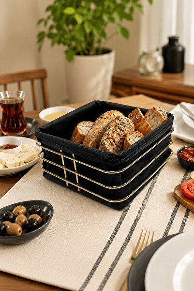 Edora Home Shiny Gold Black Fabric Square Bread Presentation Basket, Breakfas...