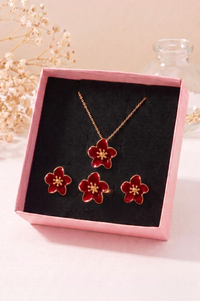 AURRARİ Red Color Sakura Flower Necklace Earrings Ring Set in Gift Box
