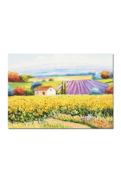artnova Tablou 70x50cm peisaj cu floarea soarelui si lavanda pictat manual, C...