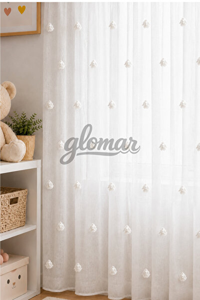GLOMAR ستارة من التول الأبيض المنقط مع زخارف بوم بوم من الكتان، بدون طيات، مص...
