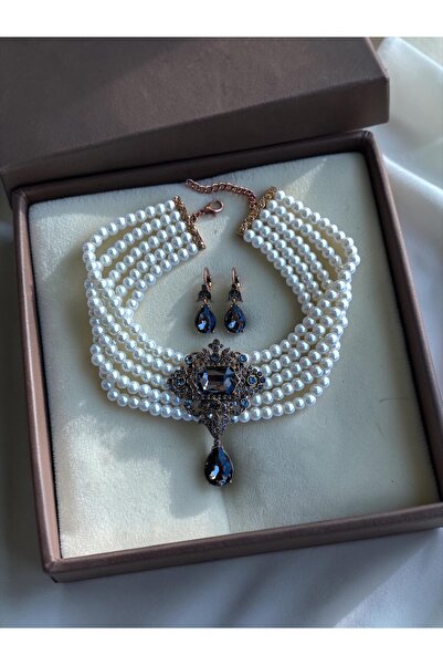 FAYRA ACCESSORIES Baget Ve Su Damlası İnci Choker Tasma Kolye ve Küpe Seti