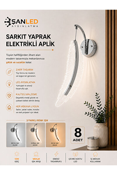 ŞANLED Decorative 12W Indoor Chrome Case 3 Color Light Modern Wall Sconce Ele...