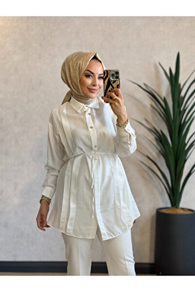 ALANURMODA 1016-2 قميص تينسل مطوي من الأمام باللون الأبيض