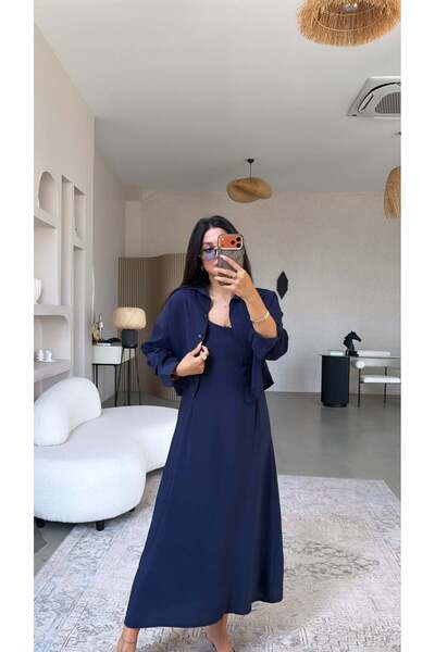 Buket Teke Navy Blue Tensel Premium Shirt Dress Set
