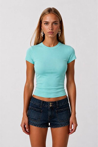 Up Trends Women's Crew Neck Basic Turquoise Blouse
