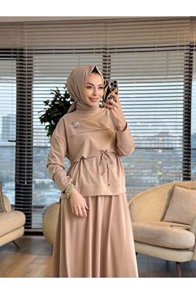 ALANURMODA 7462 طقم بروش روباى مخيط باللون البيج