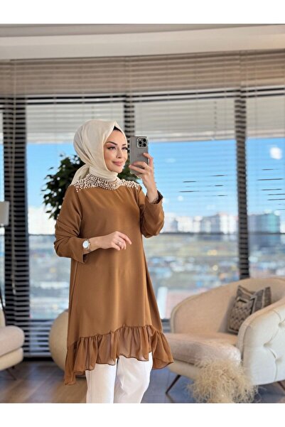ALANURMODA 24288 تونيك من التول مع تنورة مزينة باللؤلؤ على الأكتاف باللون البني