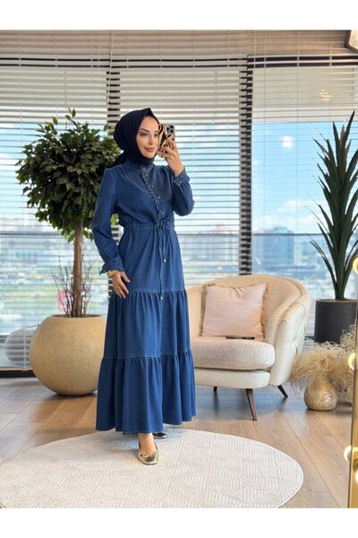 Asil 2608 Denim Dress with Ruffles on the Sleeves and Collar, Navy Blue