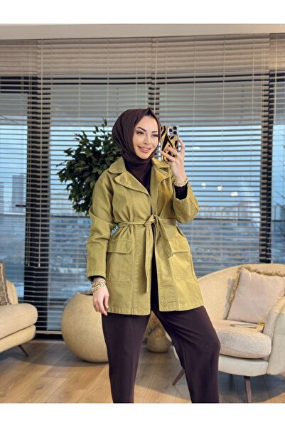 ALANURMODA 7507 شال بدون أزرار من قماش الدنيم باللون الأخضر الداكن