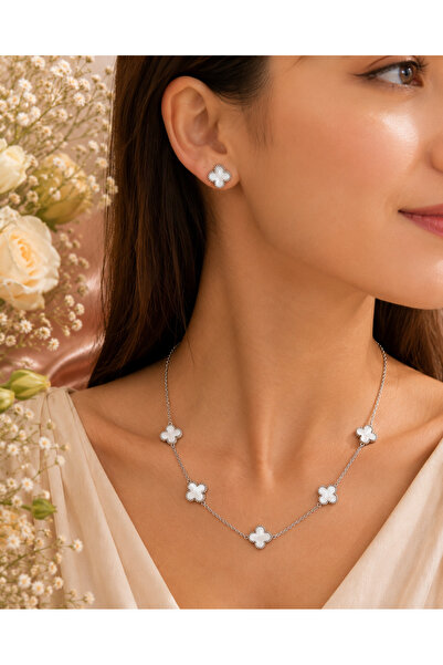 JAMMY JEWERLY Silver Renk 5 Yonca Figürlü Kolye & Yonca Küpe Kombin Seti – Za...