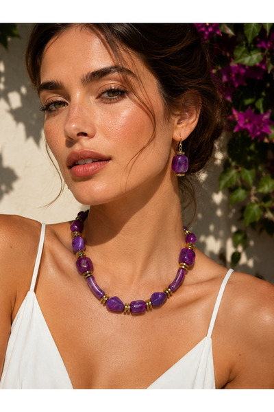 Solare Accessories Altın Kaplama Hematit Doğal Taş Detaylı Mor Taşlı Kolye Seti
