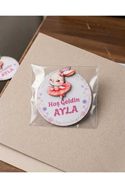 Ahşap Pembe Tavşan Figürlü Magnet 24'lü Jelatinli Hediyelik Magnet