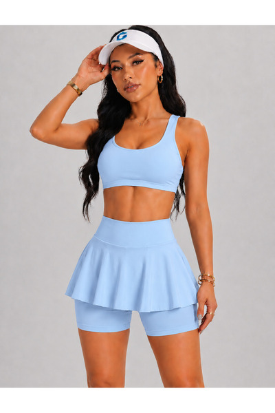 MAROVOAY Women's High Waist Inner Leggings Mini Sport Skirt-Crop 2 Piece Set