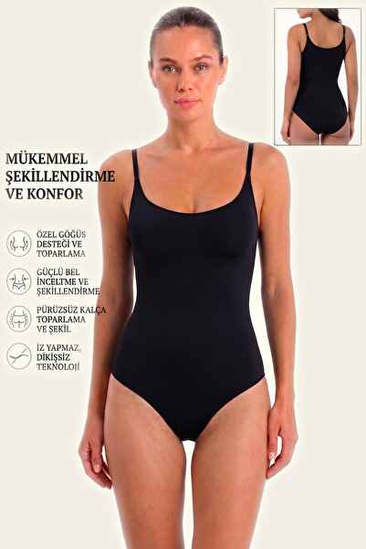 Ms Moda Style Lazer Kesim Göğüs Destekli Body Korse - Siyah