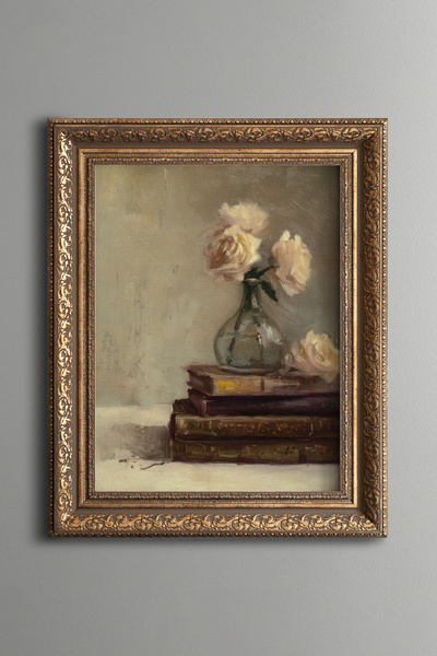 epiqart Roses in a Vase on Books – Vintage Patterned Painting – Thick Model