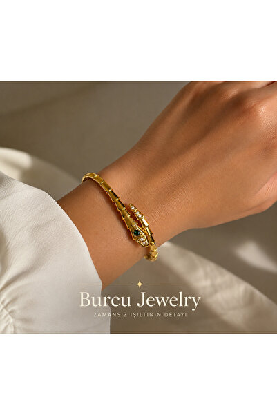 BURCU JEWELRY Yılan Figürlü Zirkon Taşlı Çelik Kelepçe