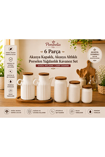Pembelia Life 6 Piece Acacia Stand Set with 2 Porcelain 1000 ml Oil Bottles, ...